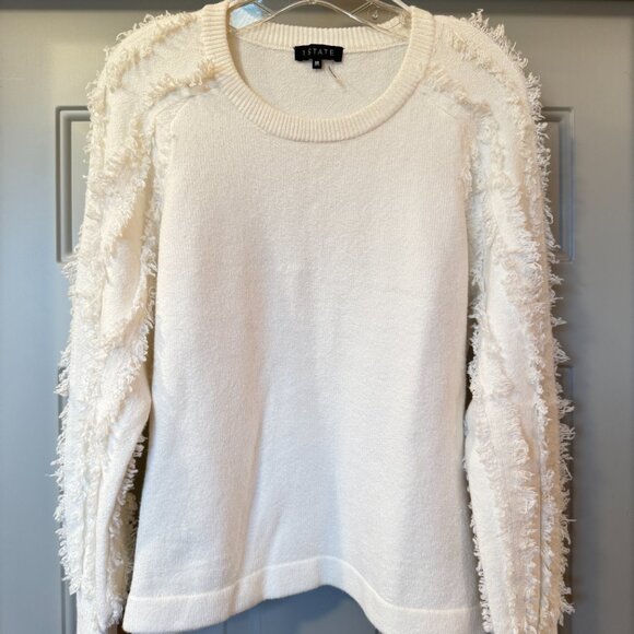 1. State Sweaters - 1. STATE White Textured Sweater – Size Medium – Cozy Fringe Sleeve Pullover